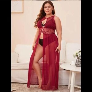 Plus Size Sexy Patchwork Exotic Lingerie Robe - Deep Red 3X